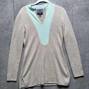Sail To Sable 100% Cashmere Sweater XS Beige Green Preppy Pullover Lightweight